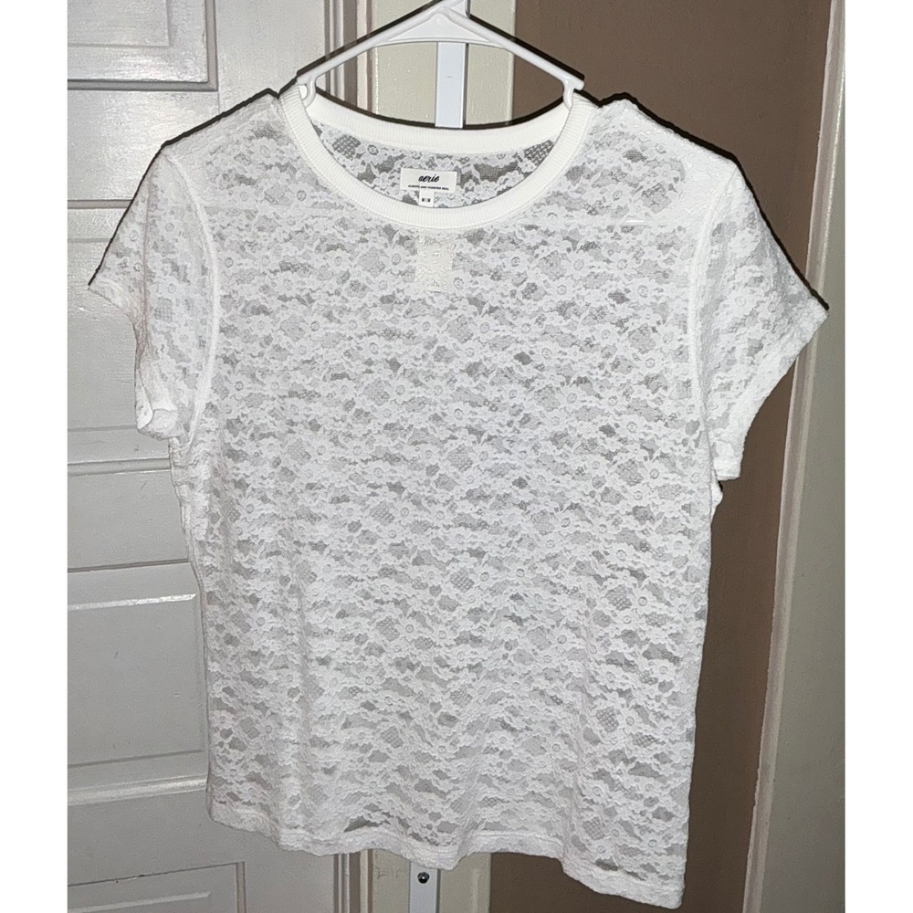 Aerie White Floral Lace Short Sleeve Top Crewneck Sheer Layering Tee Size M NWT